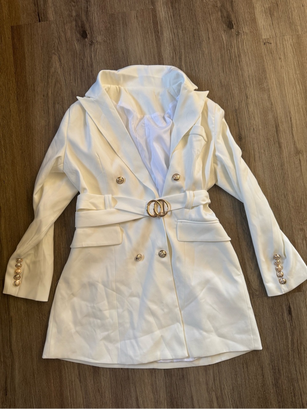 Double-Breasted Cream Belted Blazer with Gold Hardware